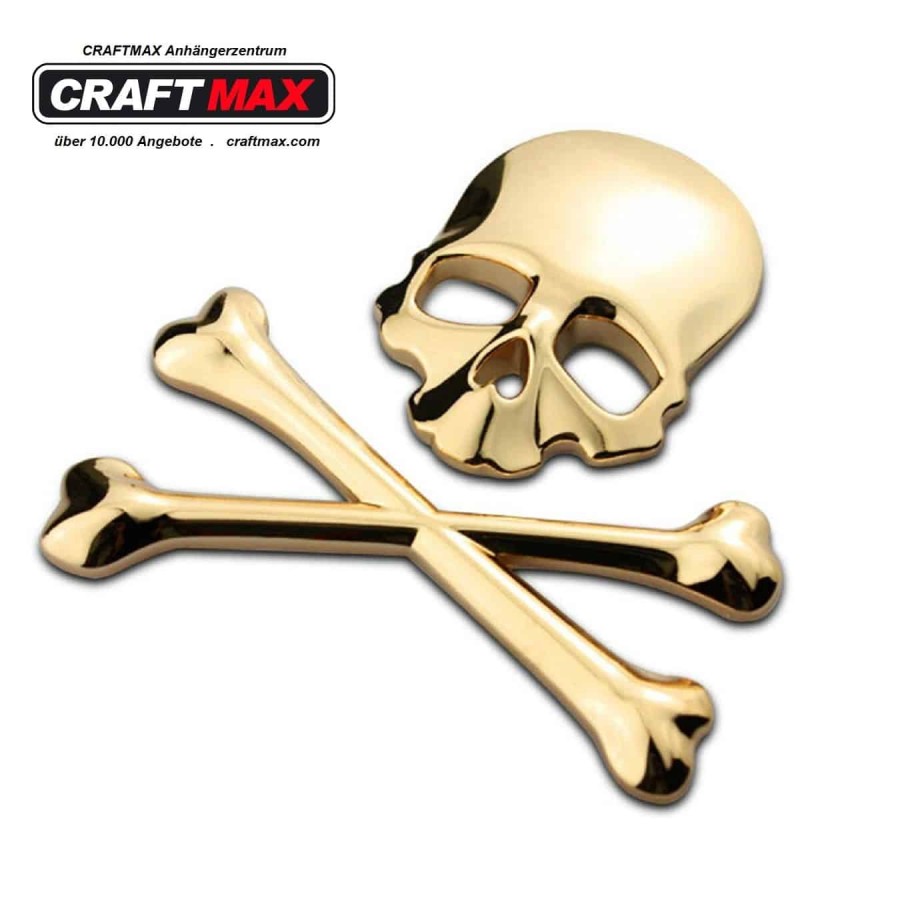 Skeleton-Crossbone-3D-Metall-Aufkleber-Totenkopf-gekreuzte-Knochen-GOLD-3
