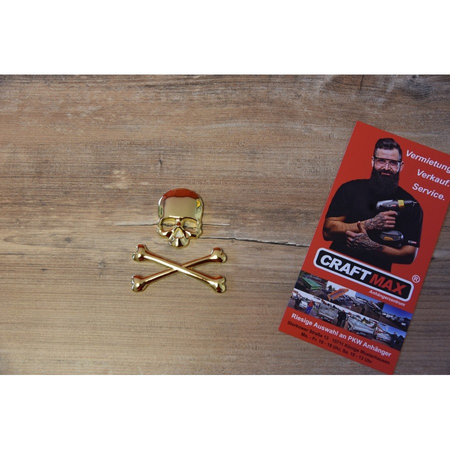 Skeleton-Crossbone-3D-Metall-Aufkleber-Totenkopf-gekreuzte-Knochen-GOLD-4