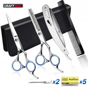 Haarschneide Set mit Haarschere, Friseurschere, Effilierschere geschmiedet aus Edelstahl im Lederetui