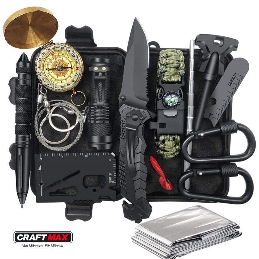 CRAFTMAX-Survival-Kit-15-Werkzeuge-Rettungsdecke-Taktikstift-Taschenlampe-Zange-Drahtsaege