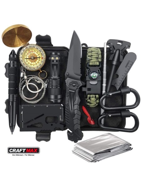 CRAFTMAX-Survival-Kit-15-Werkzeuge-Rettungsdecke-Taktikstift-Taschenlampe-Zange-Drahtsaege