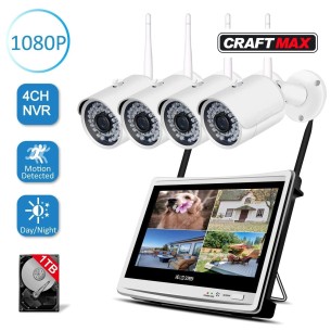 CRAFTMAX-Ueberwachungskamera-Set-1080PHD-NVR-Wireless-4-x-Kamera-12-Zoll-Monitor-Bewegungsmelder-1TB-Festplatte-APP-Nachtsicht