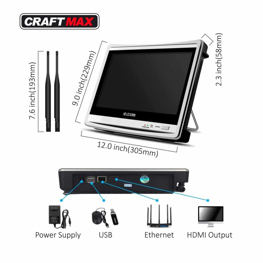 CRAFTMAX-Ueberwachungskamera-1080PHD-NVR-Wireless-4-x-Kamera-12-Zoll-Monitor-Bewegungsmelder-1TB-Festplatte-APP-Nachtsicht