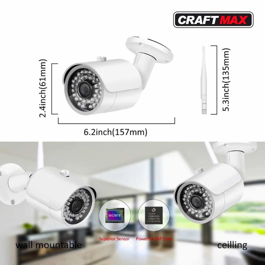 CRAFTMAX-Ueberwachungskamera-Set-1080PHD-NVR-Wireless-4-x-Kamera-12-Zoll-Monitor-Bewegungsmelder-Festplatte-APP-Nachtsicht
