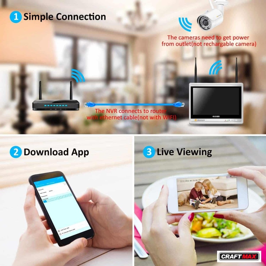 CRAFTMAX-Set-1080PHD-NVR-Wireless-4-x-Kamera-12-Zoll-Monitor-Bewegungsmelder-1TB-Festplatte-APP-Nachtsicht