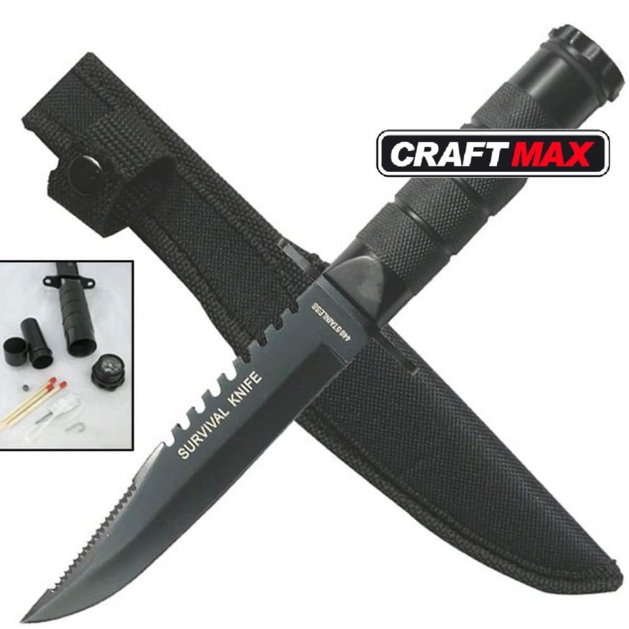 CRAFTMAX-Ueberlebensmesser-mit-Kompass-Saege-Schleifstein-Streichhoelzer-Seil