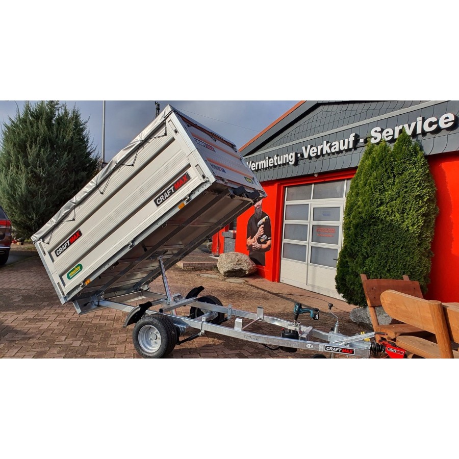 CRAFTMAX-Heckkipper-1350Kg-Stahlboden-V-Deichsel-85cm-Alu-Bordwaende-10-Zoll-100kmh-1