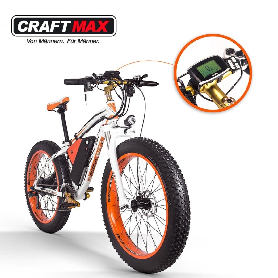 CRAFTMAX-fatboy-Elektrofahrrad-26-E-Bike-mit-48V-16Ah-1000W-Lithium-AKKU-Shimano-21-Gang-orange-weiss