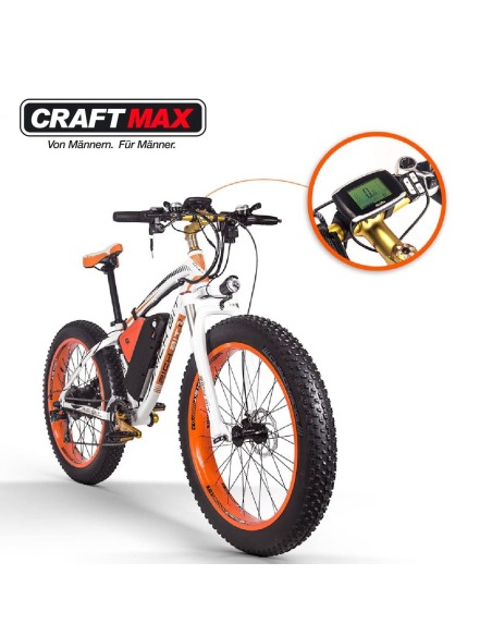 CRAFTMAX-fatboy-Elektrofahrrad-26-E-Bike-mit-48V-16Ah-1000W-Lithium-AKKU-Shimano-21-Gang-orange-weiss
