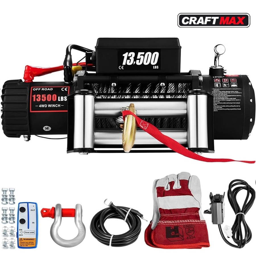 CRAFTMAX-Elektrische-Seilwinde-12V-mit-Fernbedienung-13500lbs-61235kg-Motor-485-kW-27m-Stahlseil-1