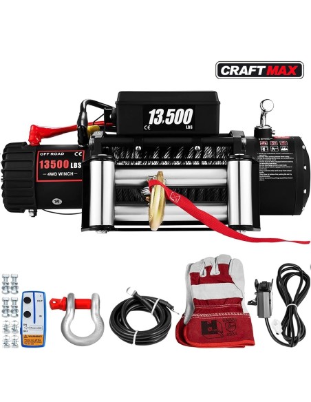 CRAFTMAX-Elektrische-Seilwinde-12V-mit-Fernbedienung-13500lbs-61235kg-Motor-485-kW-27m-Stahlseil-1