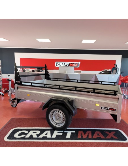 CRAFTMAX-MAXI-1300Kg-Kastenanhaenger-gebremst-35er-ALU-Bordwaende-Front-Heckklappe-abnehmbar-Reling-H-Gestell-2.500x1.400x0.35cm