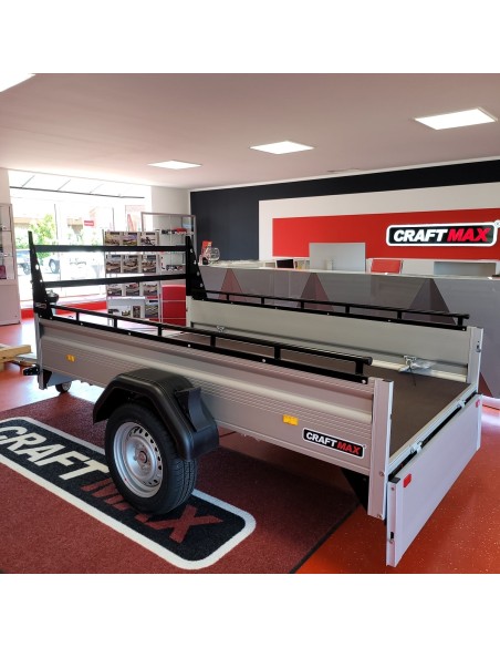 CRAFTMAX-MAXI-1300Kg-Kastenanhaenger-gebremst-35er-ALU-Bordwaende-Front-Heckklappe-abnehmbar-Reling-H-Gestell-2.500x1.400x0.35cm
