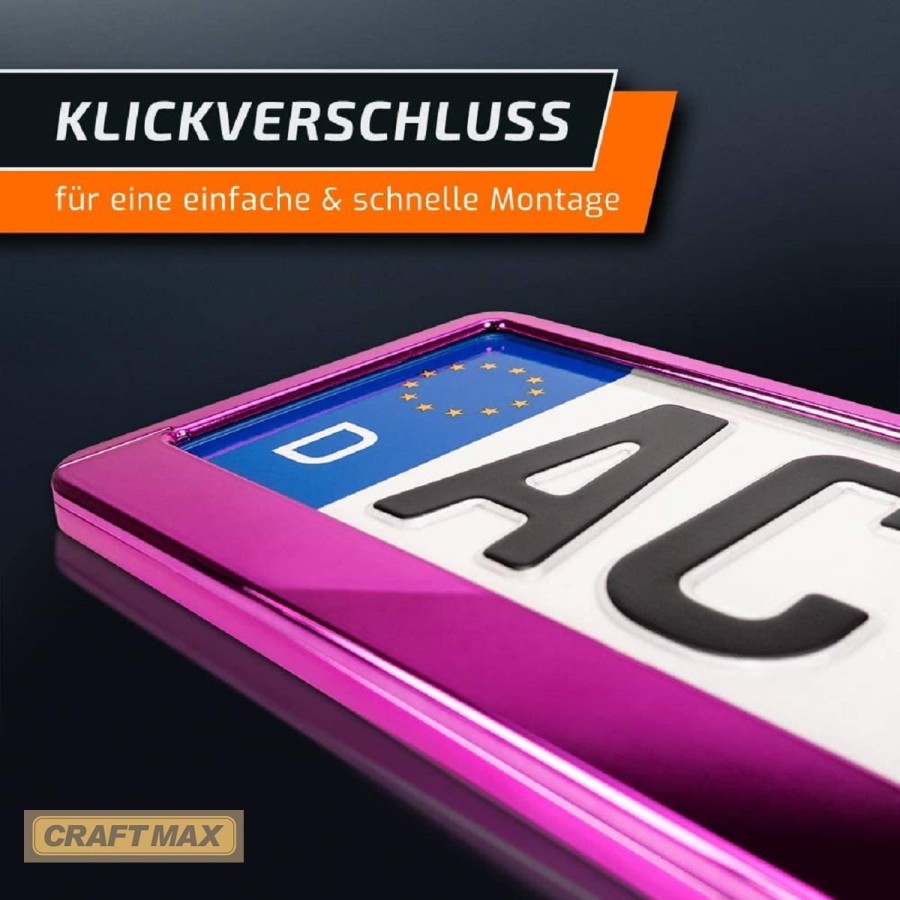 CRAFTMAX-Kennzeichenhalter-fuer-Automobile-PKW-Anhaenger-Caravan-Pink-rosa-Metallic-Hochglanz-Chrom-Look-3