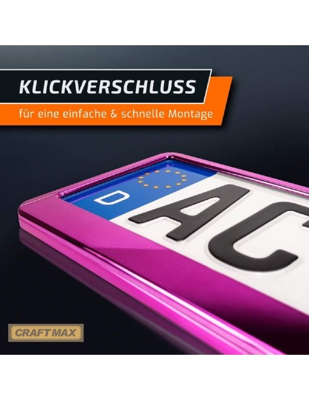 CRAFTMAX-Kennzeichenhalter-fuer-Automobile-PKW-Anhaenger-Caravan-Pink-rosa-Metallic-Hochglanz-Chrom-Look-3