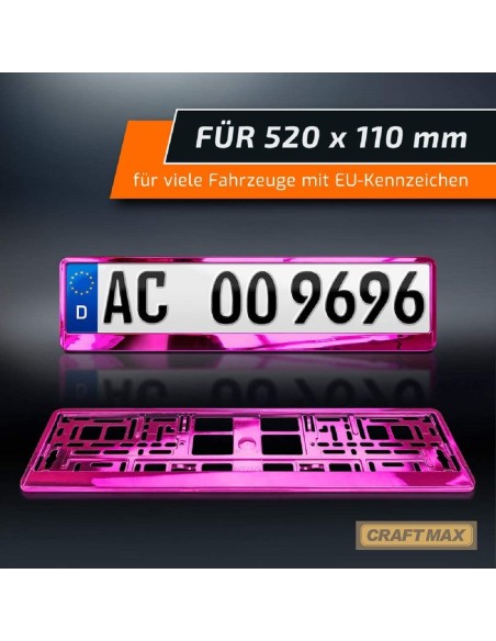 CRAFTMAX-Kennzeichenhalter-fuer-Automobile-PKW-Anhaenger-Caravan-Pink-rosa-Metallic-Hochglanz-Chrom-Look-4