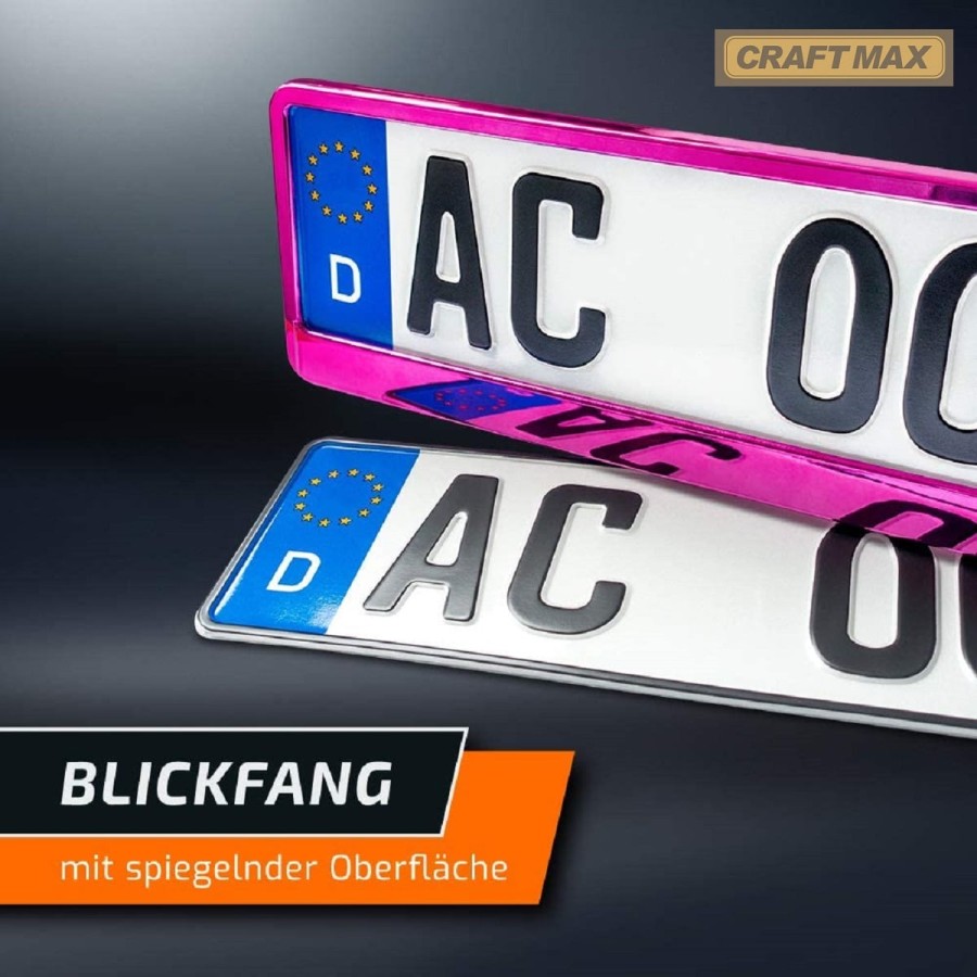 CRAFTMAX-Kennzeichenhalter-fuer-Automobile-PKW-Anhaenger-Caravan-Pink-rosa-Metallic-Hochglanz-Chrom-Look-5