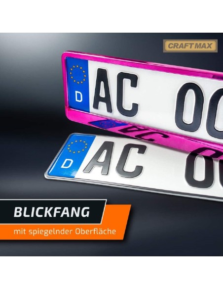 CRAFTMAX-Kennzeichenhalter-fuer-Automobile-PKW-Anhaenger-Caravan-Pink-rosa-Metallic-Hochglanz-Chrom-Look-5