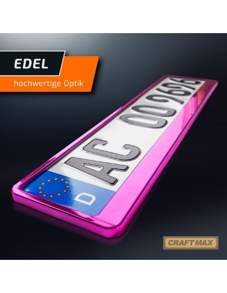 CRAFTMAX-Kennzeichenhalter-fuer-Automobile-PKW-Anhaenger-Caravan-Pink-rosa-Metallic-Hochglanz-Chrom-Look-6