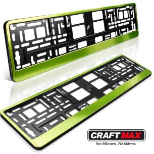 CRAFTMAX-Kennzeichenhalter-fuer-Automobile-PKW-Anhaenger-Caravan-neon-gruen-Metallic-Hochglanz-Chrom-Look-1