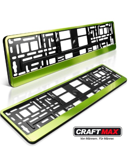 CRAFTMAX-Kennzeichenhalter-fuer-Automobile-PKW-Anhaenger-Caravan-neon-gruen-Metallic-Hochglanz-Chrom-Look-1