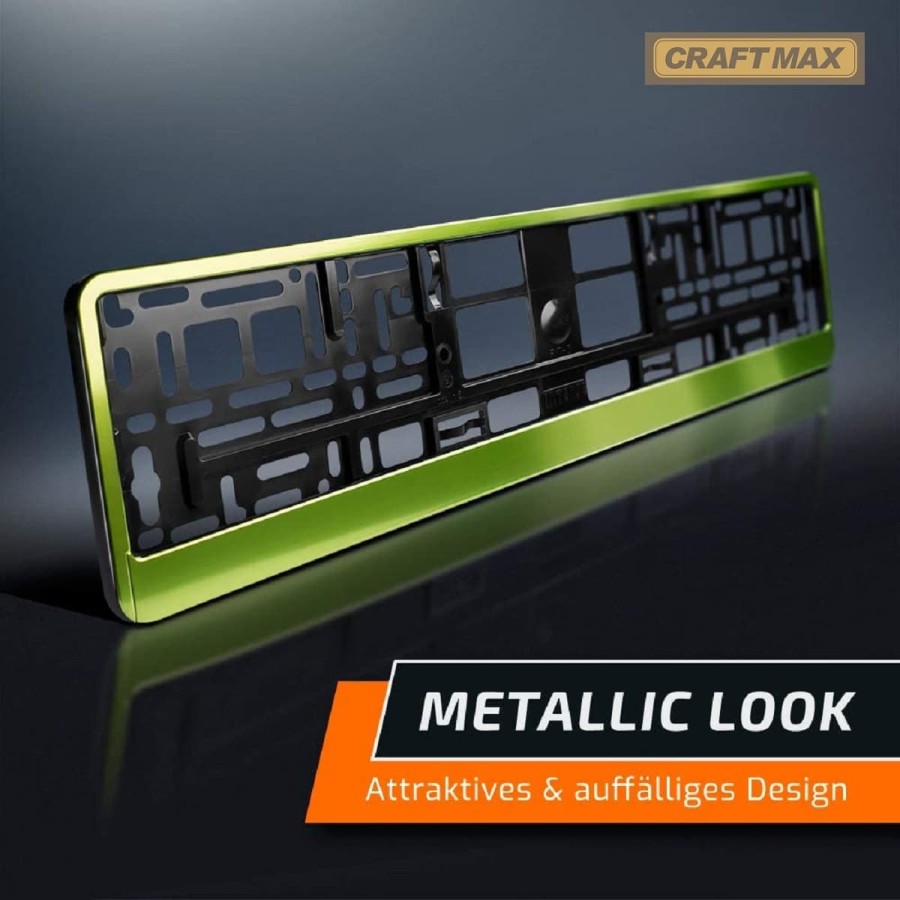 CRAFTMAX-Kennzeichenhalter-fuer-Automobile-PKW-Anhaenger-Caravan-neon-gruen-Metallic-Hochglanz-Chrom-Look-2