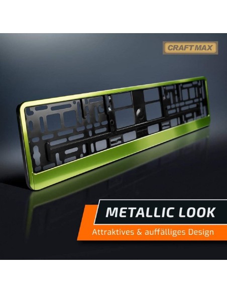 CRAFTMAX-Kennzeichenhalter-fuer-Automobile-PKW-Anhaenger-Caravan-neon-gruen-Metallic-Hochglanz-Chrom-Look-2
