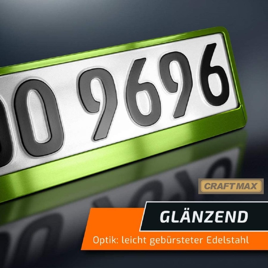 CRAFTMAX-Kennzeichenhalter-fuer-Automobile-PKW-Anhaenger-Caravan-neon-gruen-Metallic-Hochglanz-Chrom-Look-4