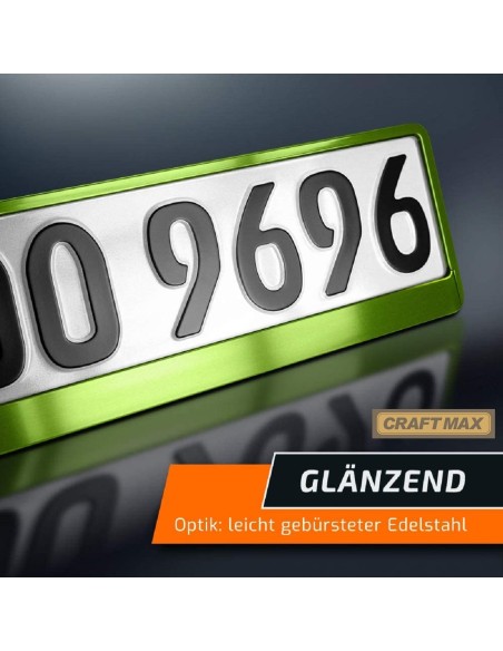 CRAFTMAX-Kennzeichenhalter-fuer-Automobile-PKW-Anhaenger-Caravan-neon-gruen-Metallic-Hochglanz-Chrom-Look-4
