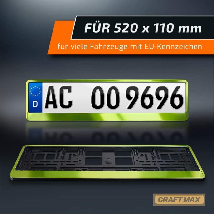 CRAFTMAX-Kennzeichenhalter-fuer-Automobile-PKW-Anhaenger-Caravan-neon-gruen-Metallic-Hochglanz-Chrom-Look-6