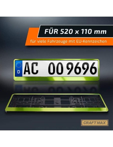 CRAFTMAX-Kennzeichenhalter-fuer-Automobile-PKW-Anhaenger-Caravan-neon-gruen-Metallic-Hochglanz-Chrom-Look-6