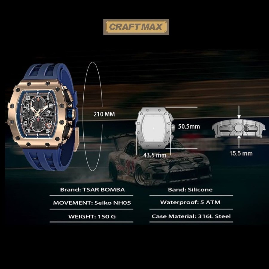 CRAFTMAX-TsarBomba-FYTB-8207GDBLU-Luxus-Herrenuhr-mit-Automatik-Uhrwerk-Saphirglas-Super-Luminous-Silikonband-5ATM-Wasserdicht-4