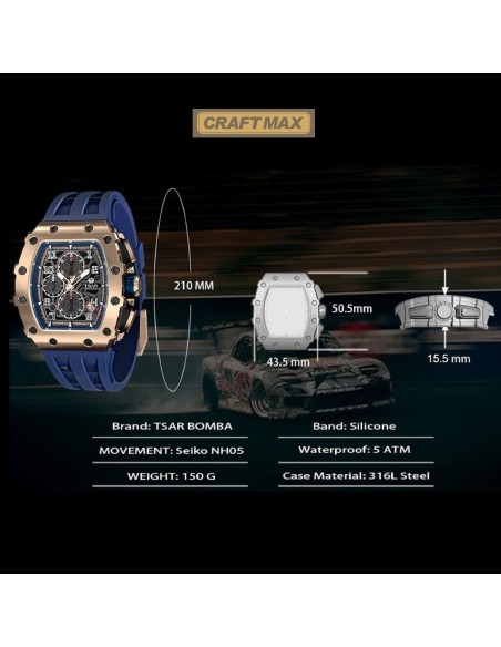 CRAFTMAX-TsarBomba-FYTB-8207GDBLU-Luxus-Herrenuhr-mit-Automatik-Uhrwerk-Saphirglas-Super-Luminous-Silikonband-5ATM-Wasserdicht-4