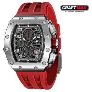 CRAFTMAX-TsarBomba-TB8204BSISB-Luxus-Herrenuhr-QUARTZ-Uhrwerk-Saphirglas-Super-Luminous-Silikonband-5ATM-Wasserdicht-rot