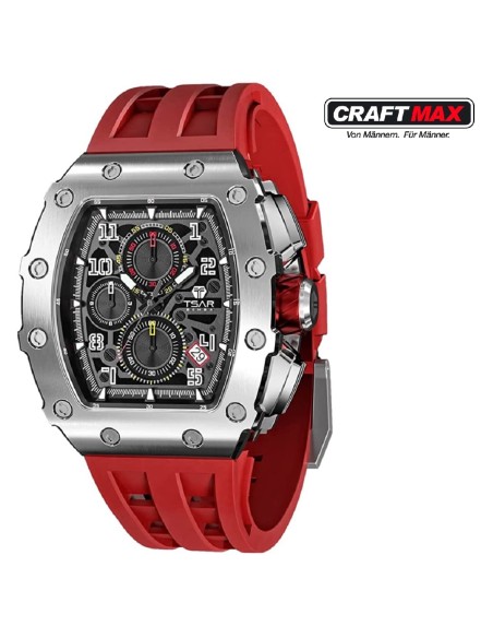 CRAFTMAX-TsarBomba-TB8204BSISB-Luxus-Herrenuhr-QUARTZ-Uhrwerk-Saphirglas-Super-Luminous-Silikonband-5ATM-Wasserdicht-rot