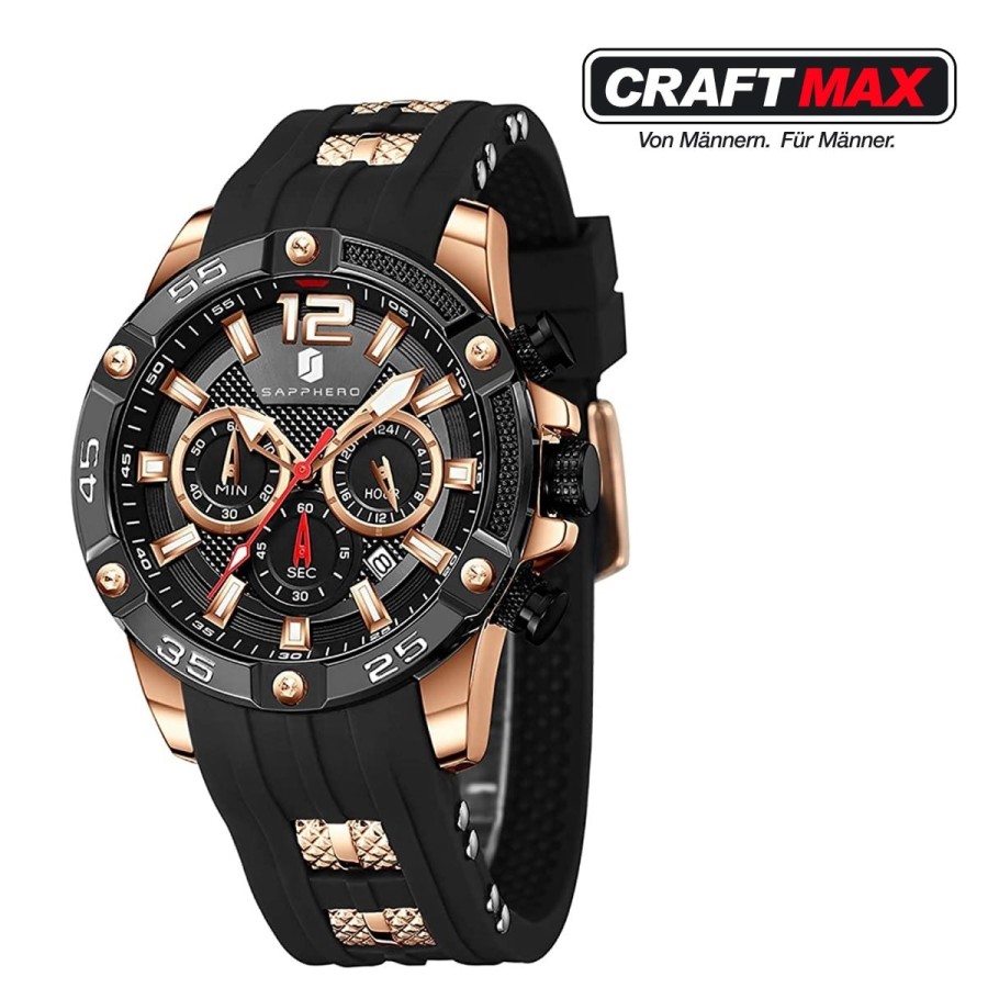 CRAFTMAX-sapphero-Herren-Chronograph-Gummiband-schwarz-gold