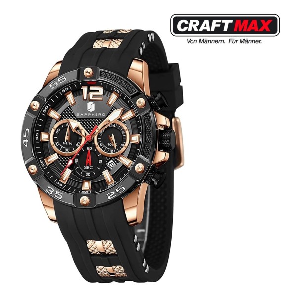 CRAFTMAX-sapphero-Herren-Chronograph-Gummiband-schwarz-gold
