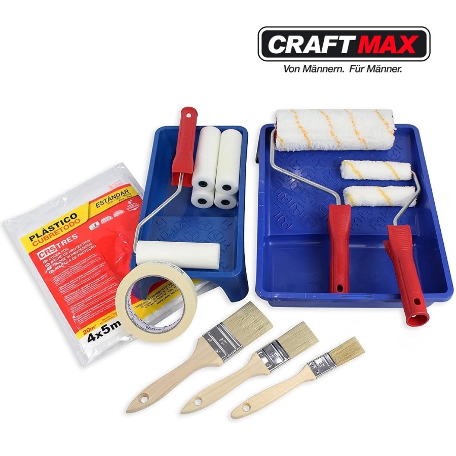 CRAFTMAX-grosses-Maler-Set-Flachpinsel-Abdeckfolie-2-Farbwannen