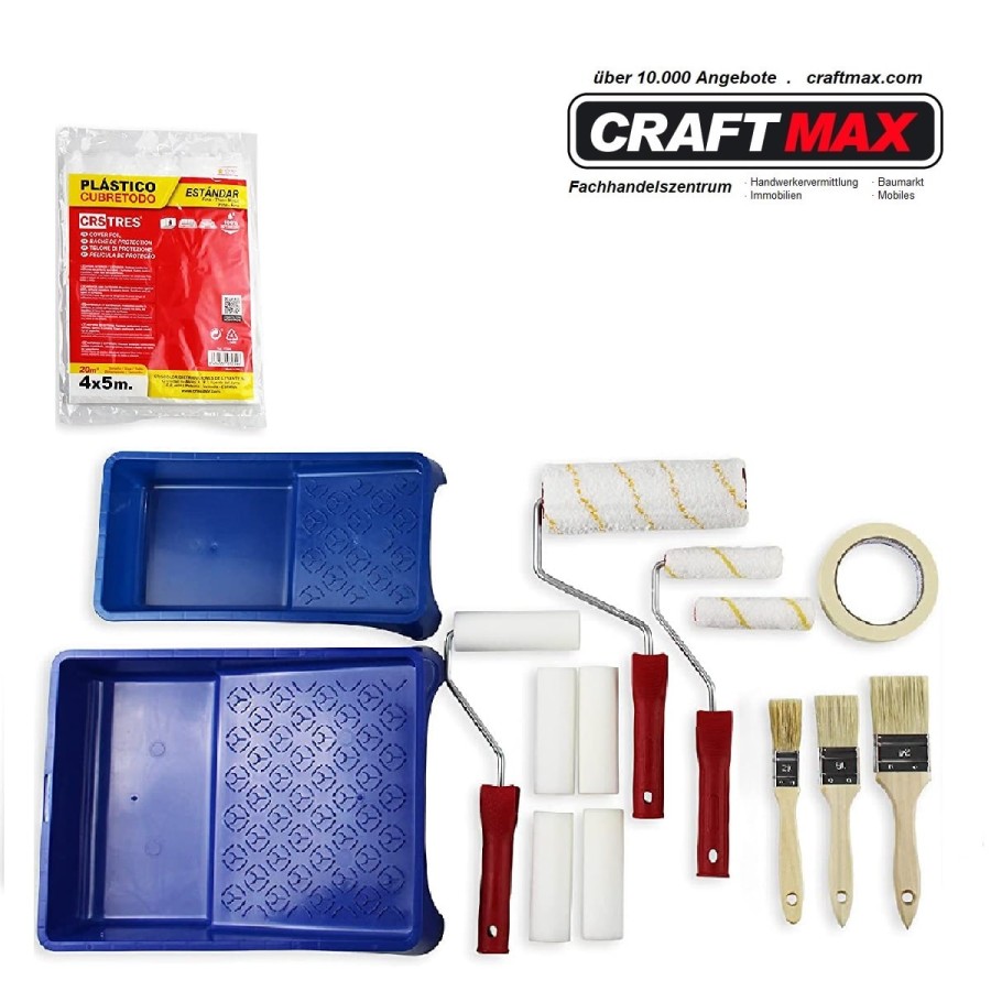 CRAFTMAX-grosses-Profi-Maler-Set-Flachpinsel-Abdeckfolie-2-Farbwannen