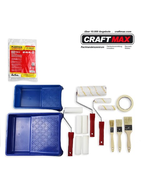 CRAFTMAX-grosses-Profi-Maler-Set-Flachpinsel-Abdeckfolie-2-Farbwannen