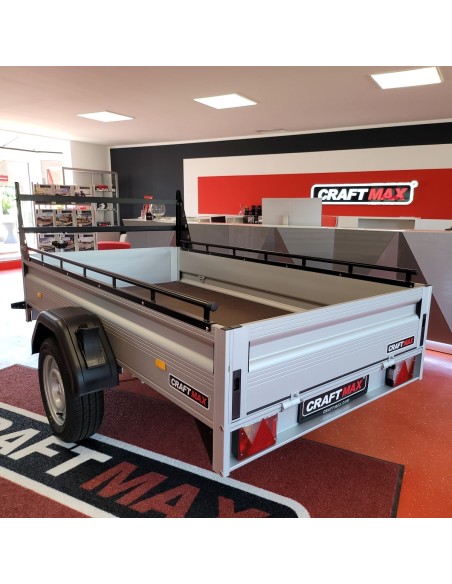 CRAFTMAX-MAXI-1300Kg-Kastenanhaenger-gebremst-35er-ALU-Bordwaende-Front-Heckklappe-abnehmbar-Reling-H-Gestell-2.500x1.400x0.35cm