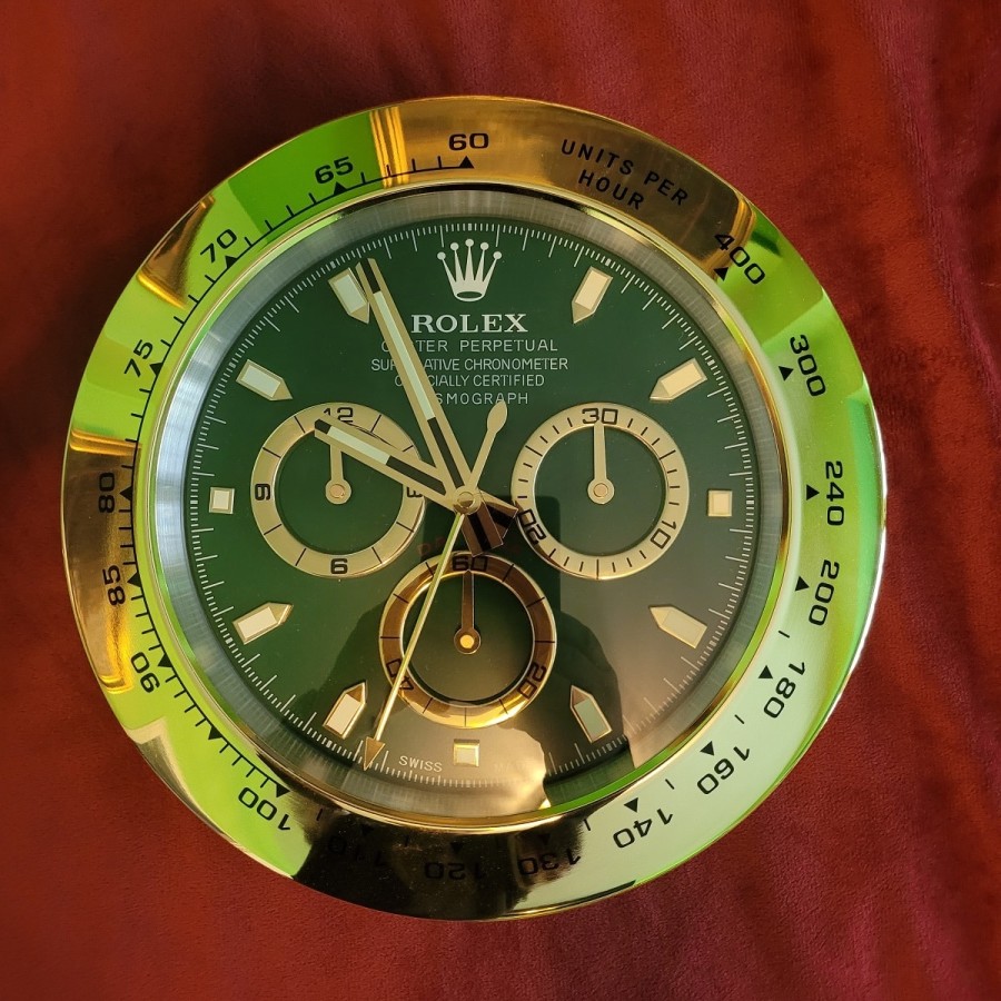 ROLEX-Daytona-Haendler-Wanduhr-gold-gruen-2