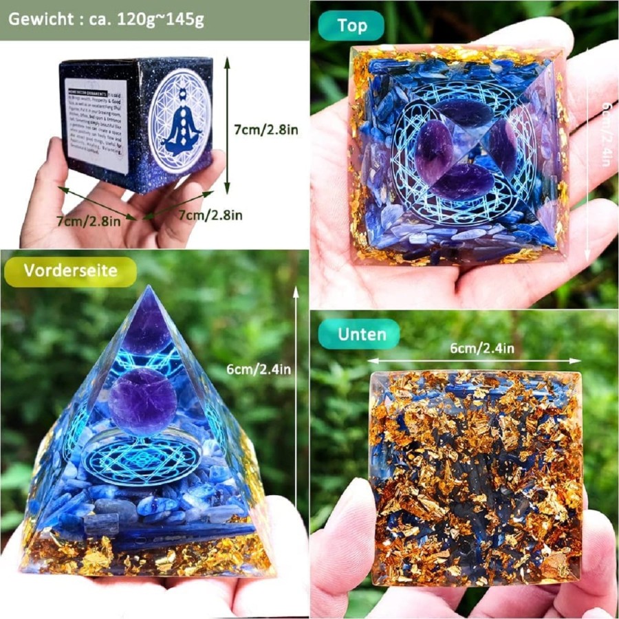 Orgon-Pyramide-blauer-Kristallkugel-Blattgold-Edelsteinen-Meditation-Yoga-Esoterik-7
