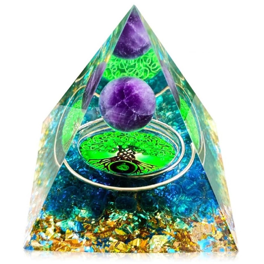 Orgonit-Orgon-Pyramide-gruene-Kristallkugel-Blattgold-Edelsteinen-1