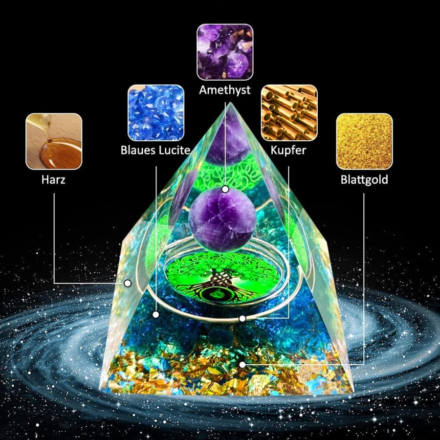 Orgonit-Orgon-Pyramide-gruene-Kristallkugel-Blattgold-Edelsteinen-2