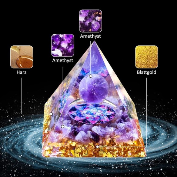 Orgonit-Orgon-Pyramide-violett-Kristallkugel-Blattgold-Edelsteinen-6