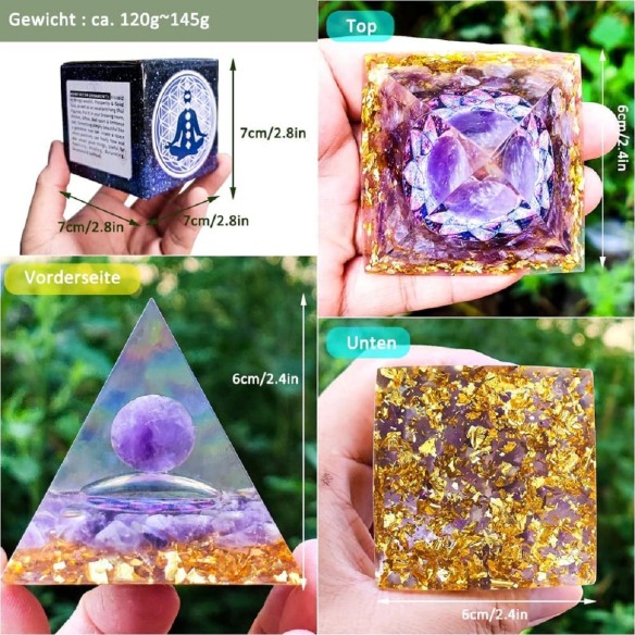 Orgonit-Orgon-Pyramide-violett-Kristallkugel-Blattgold-Edelsteinen-4