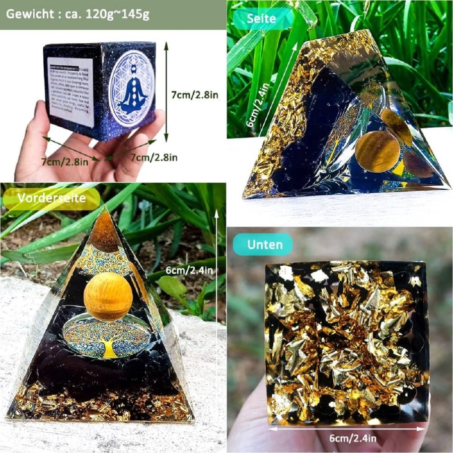 Orgonit-Orgon-Pyramide-schwarz-Goldkugel-Blattgold-Edelsteinen-6