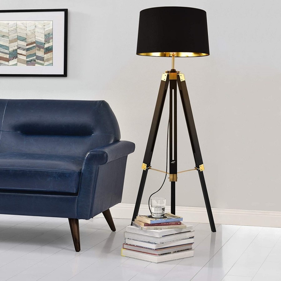 Katar-Tripod-Standleuchte-Stoffschirm-Schwarz-Gold-145cm-E27-2