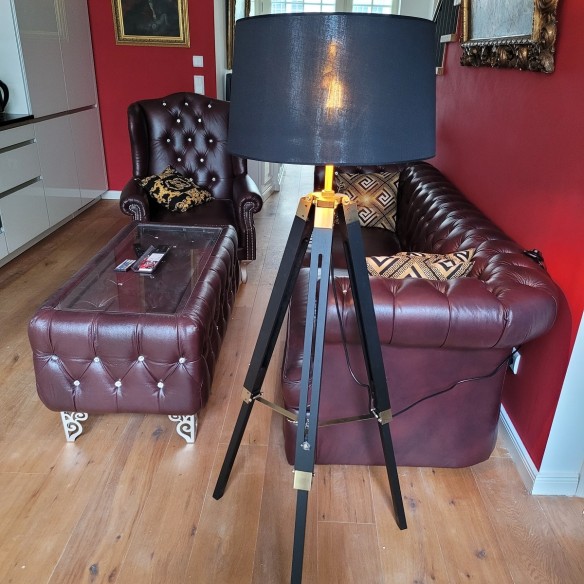 LUXUS-Tripod-Standleuchte-Stoffschirm-Schwarz-Gold